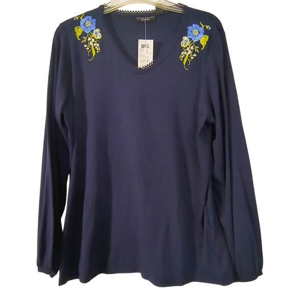 Susan Graver Weekend Embroidered Top Women's Sz L Navy Blue Long Sleeve Popover - Picture 1 of 14
